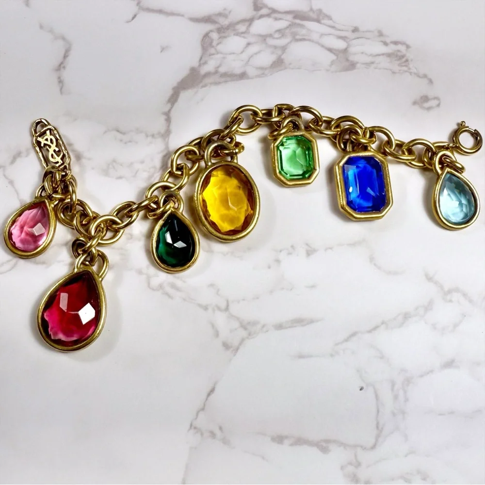 Yves Saint Laurent Ultra Rare Gold Plated Multicolored Jewel Charm Bracelet - Picture 5 of 12